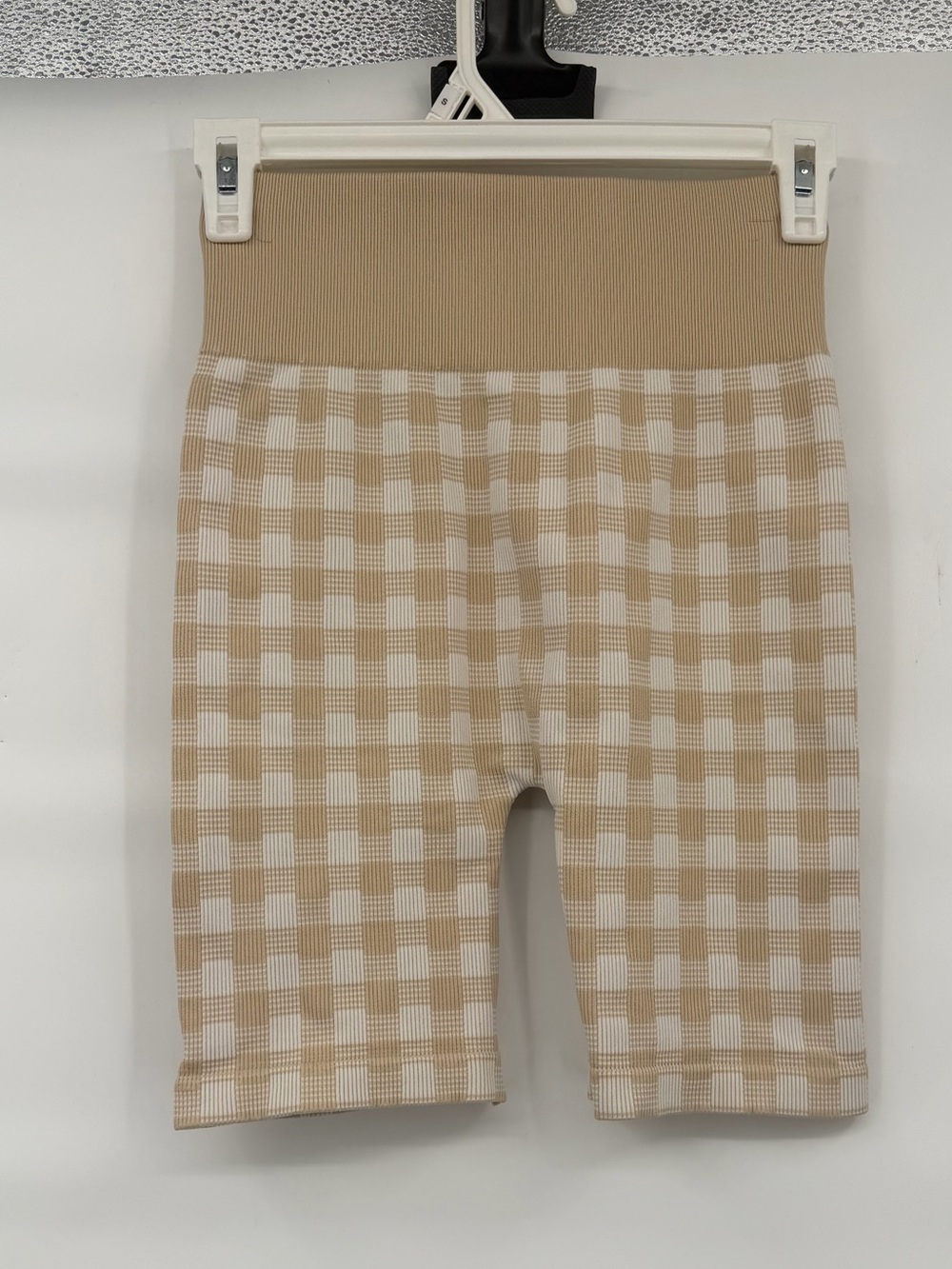 Aura tan white gingham compression bike shorts